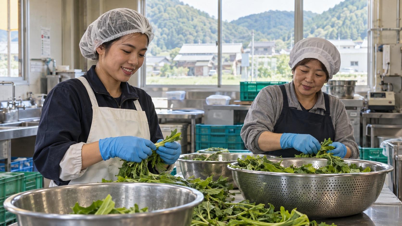 地方の食品加工施設で野菜を選別するスタッフのイメージ