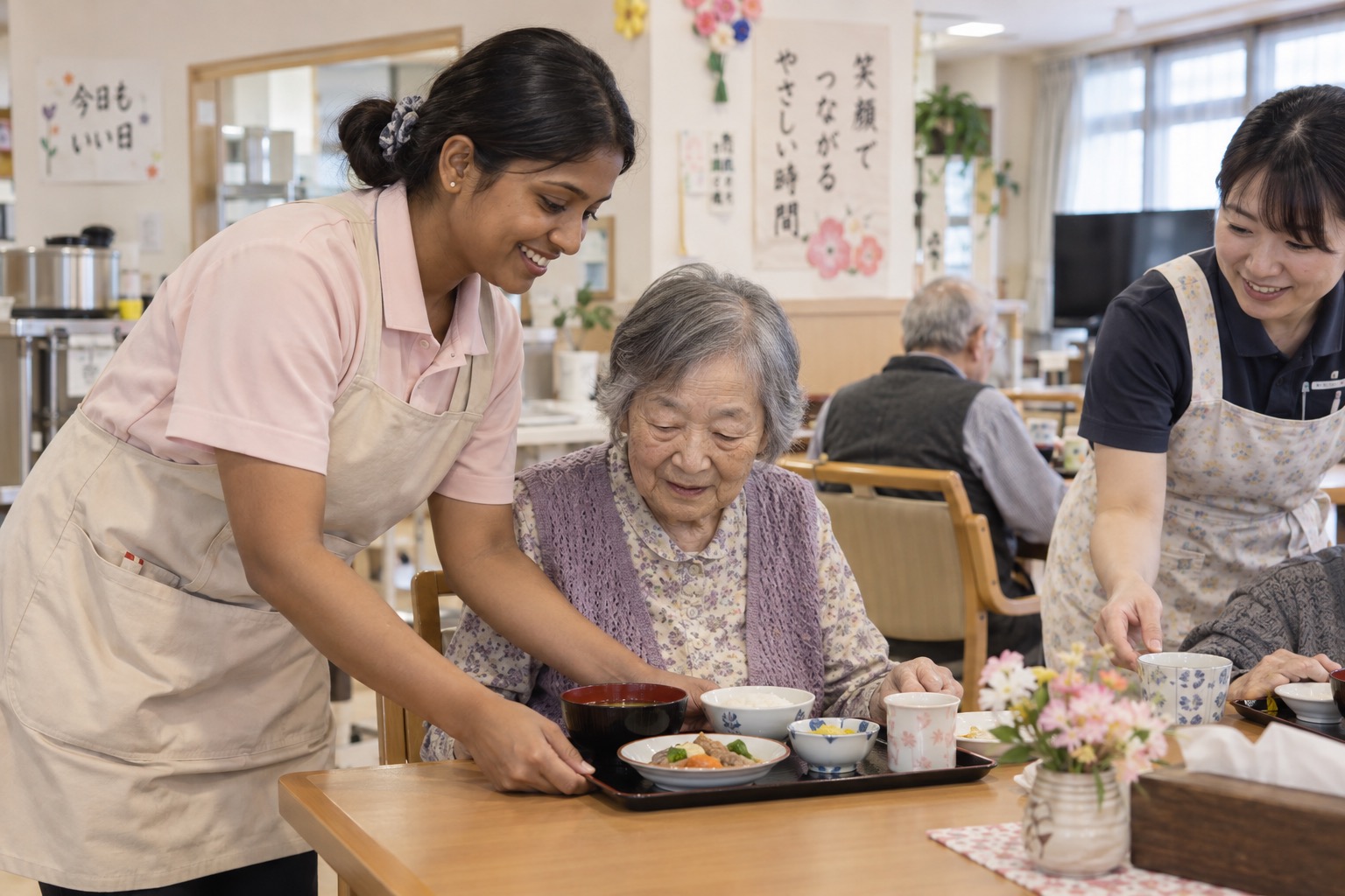 日本の介護施設で高齢者の食事をサポートするスタッフのイメージ