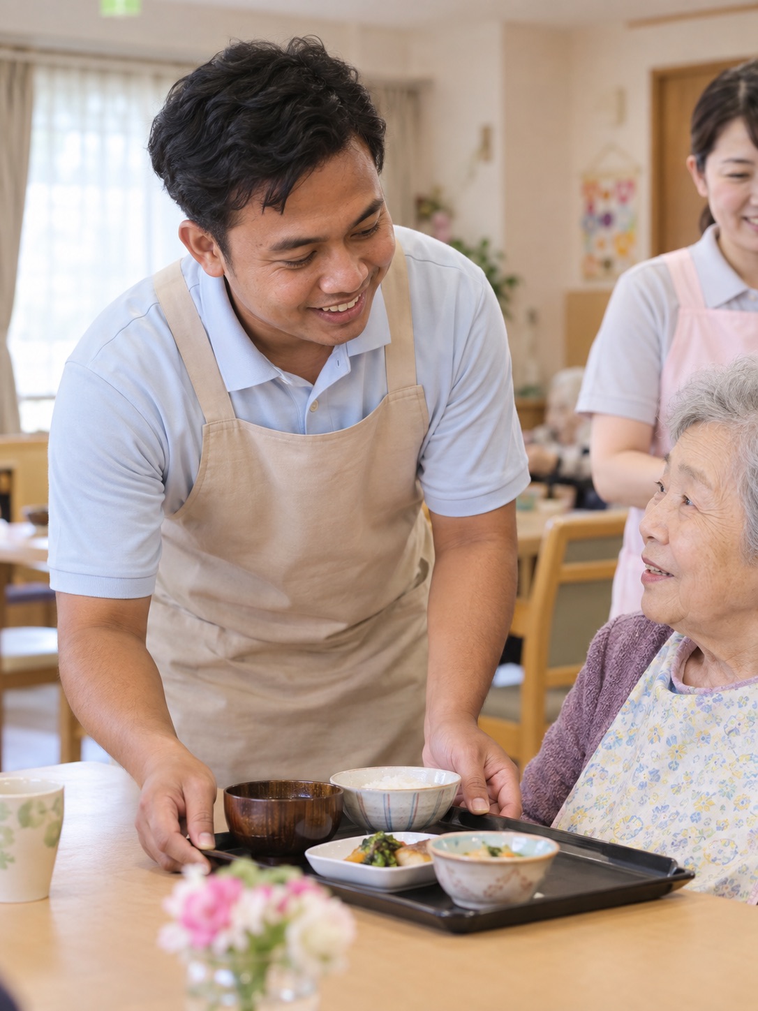 介護施設で食事を支援するスタッフのイメージ