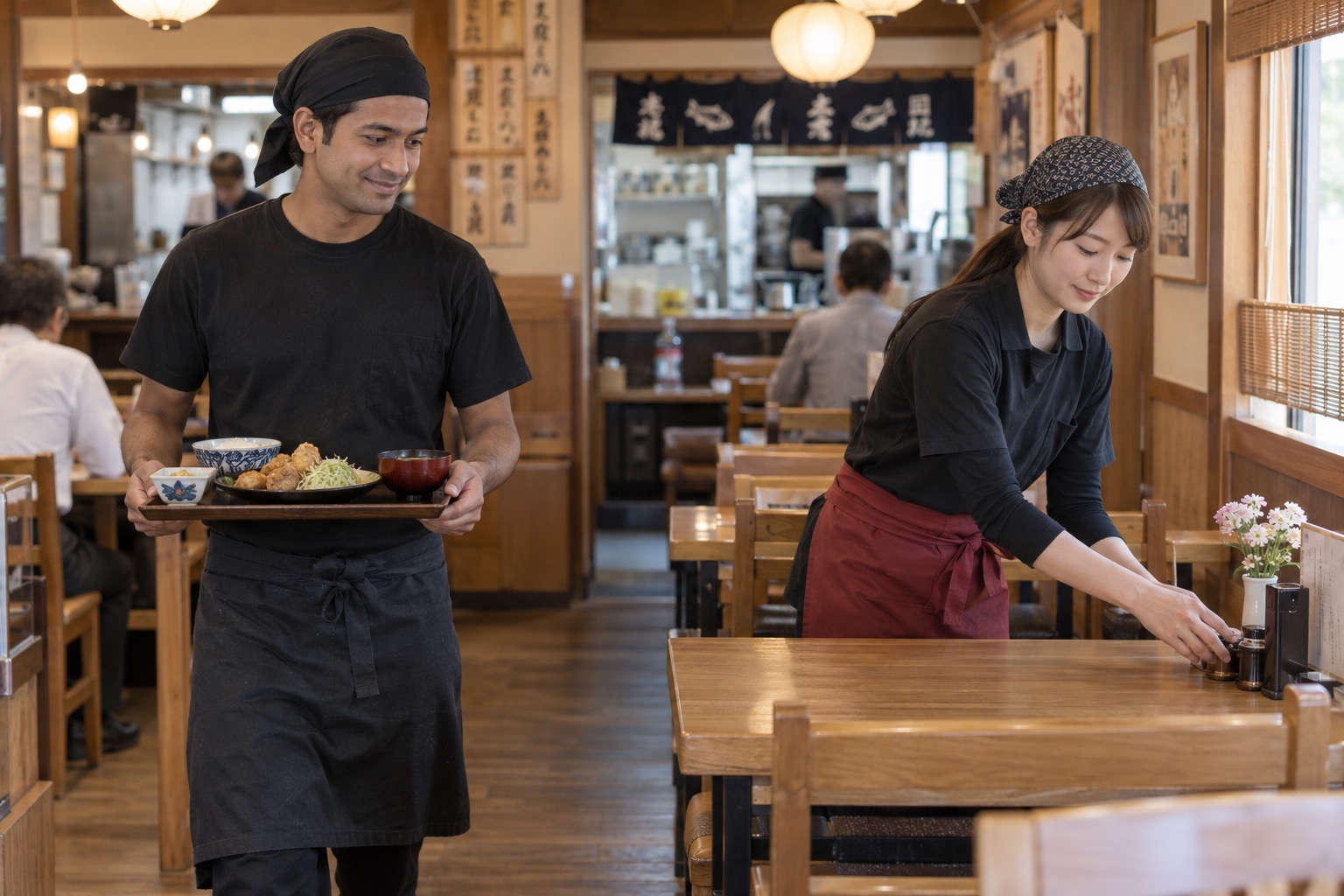 飲食店で配膳と準備をするスタッフのイメージ