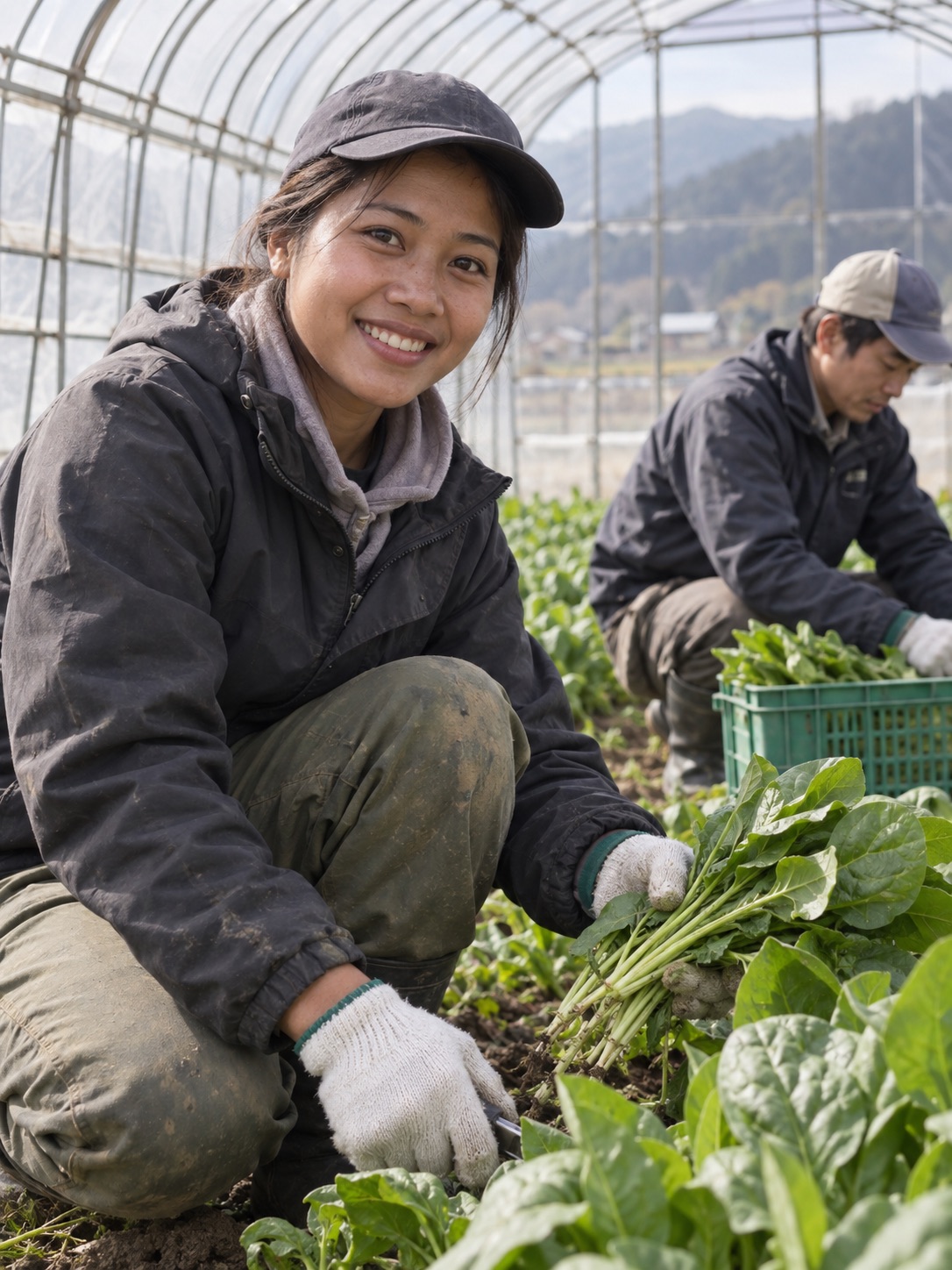 日本の農業施設で野菜を収穫するスタッフのイメージ