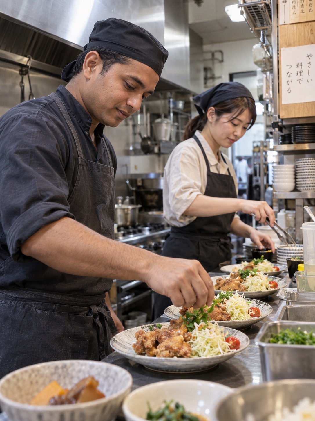 日本の飲食店の厨房で調理するスタッフのイメージ
