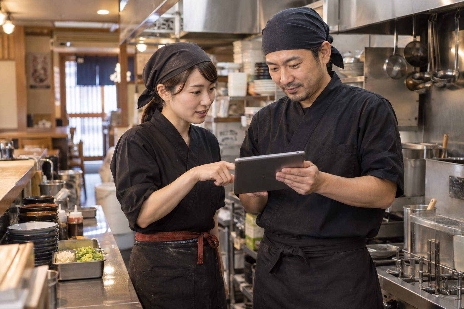 日本の飲食店でスタッフがタブレットを使い業務を確認するイメージ