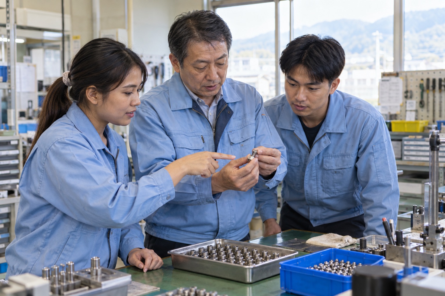 製造の現場で部品の仕上がりを一緒に確認するスタッフのイメージ